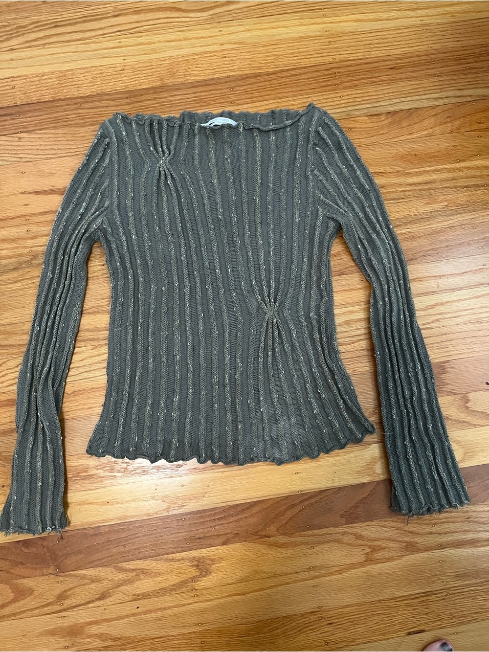 silence + noise Olive Ribbed Metallic-Trim boat Neck Sweater